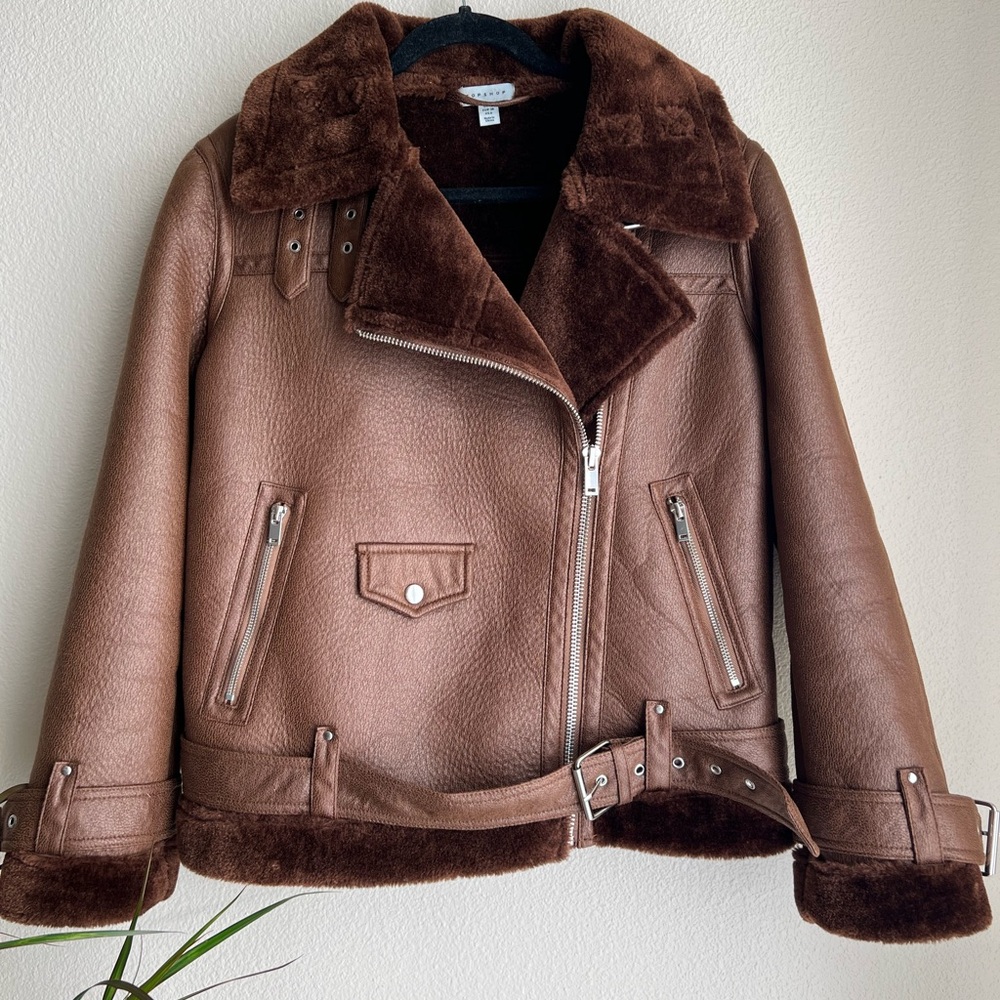 Topshop faux leather shearling aviator biker jacket in chocolate size 6